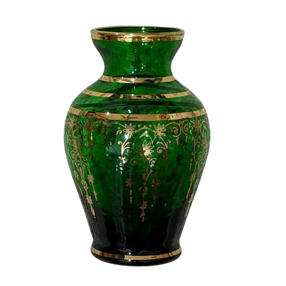 Vintage 1960s Emerald Green Gold Gilt Bud Vase Floral Scroll Art Glass